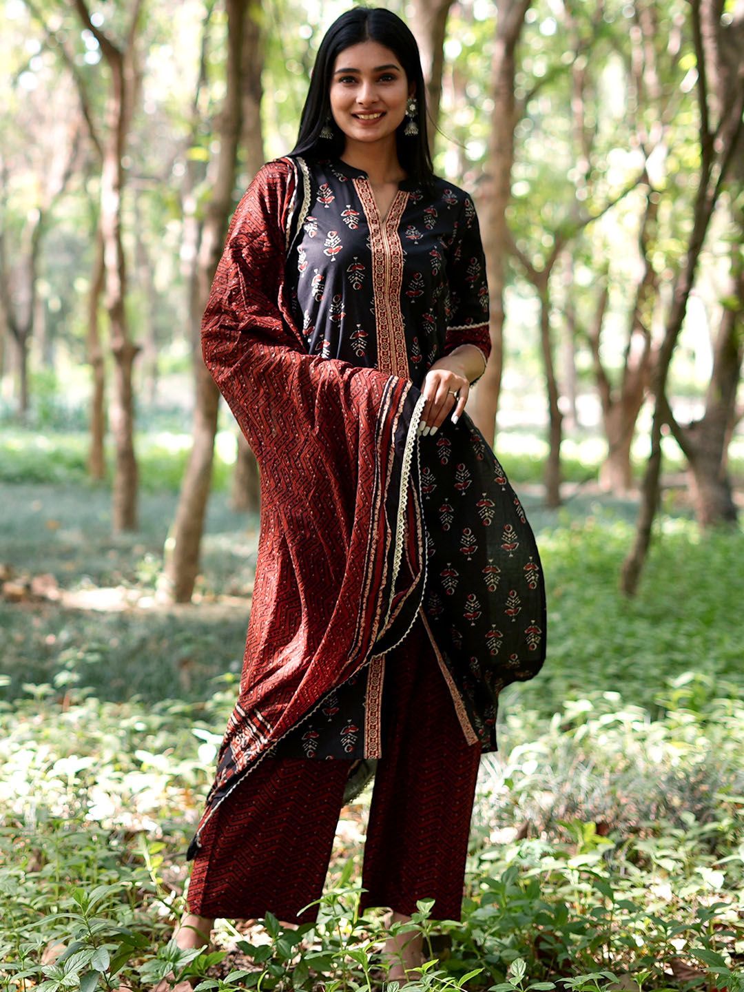 Libas Women Black Pure Cotton Ethnic Motifs Printed Kurta with Palazzos & Dupatta