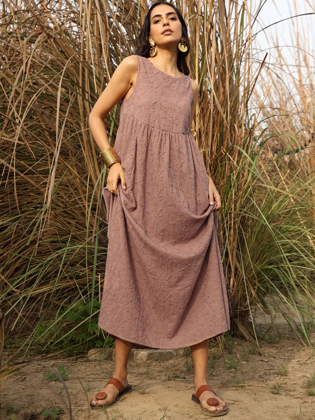 trueBrowns Floral Embroidered Round Neck A-Line Maxi Ethnic Dresses