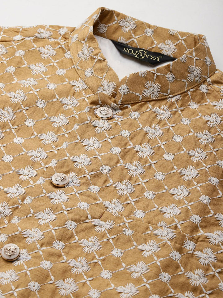 SOJANYA Lelaki Motif Etnik Zaitun Sulam Benang Kerja Kurta dengan Churidar