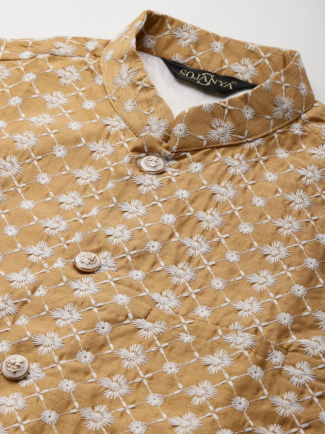 SOJANYA Lelaki Motif Etnik Zaitun Sulam Benang Kerja Kurta dengan Churidar