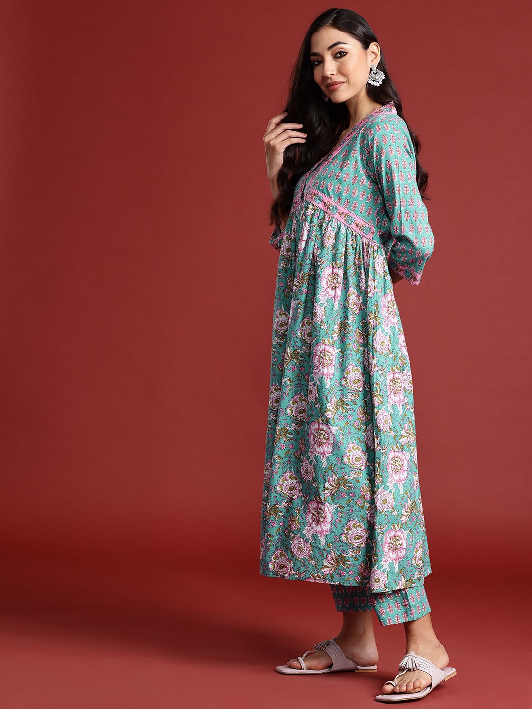 Indo Era Women Floral Printed Empire Sequinned Pure Cotton Kurta With Trousers & Dupatta
