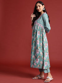 Indo Era Women Floral Printed Empire Sequinned Pure Cotton Kurta With Trousers & Dupatta