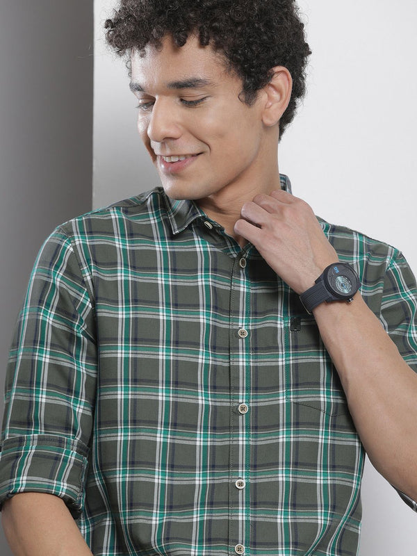 The Indian Garage Co Men Charcoal Grey & Green Checked Pure Cotton Casual Shirt