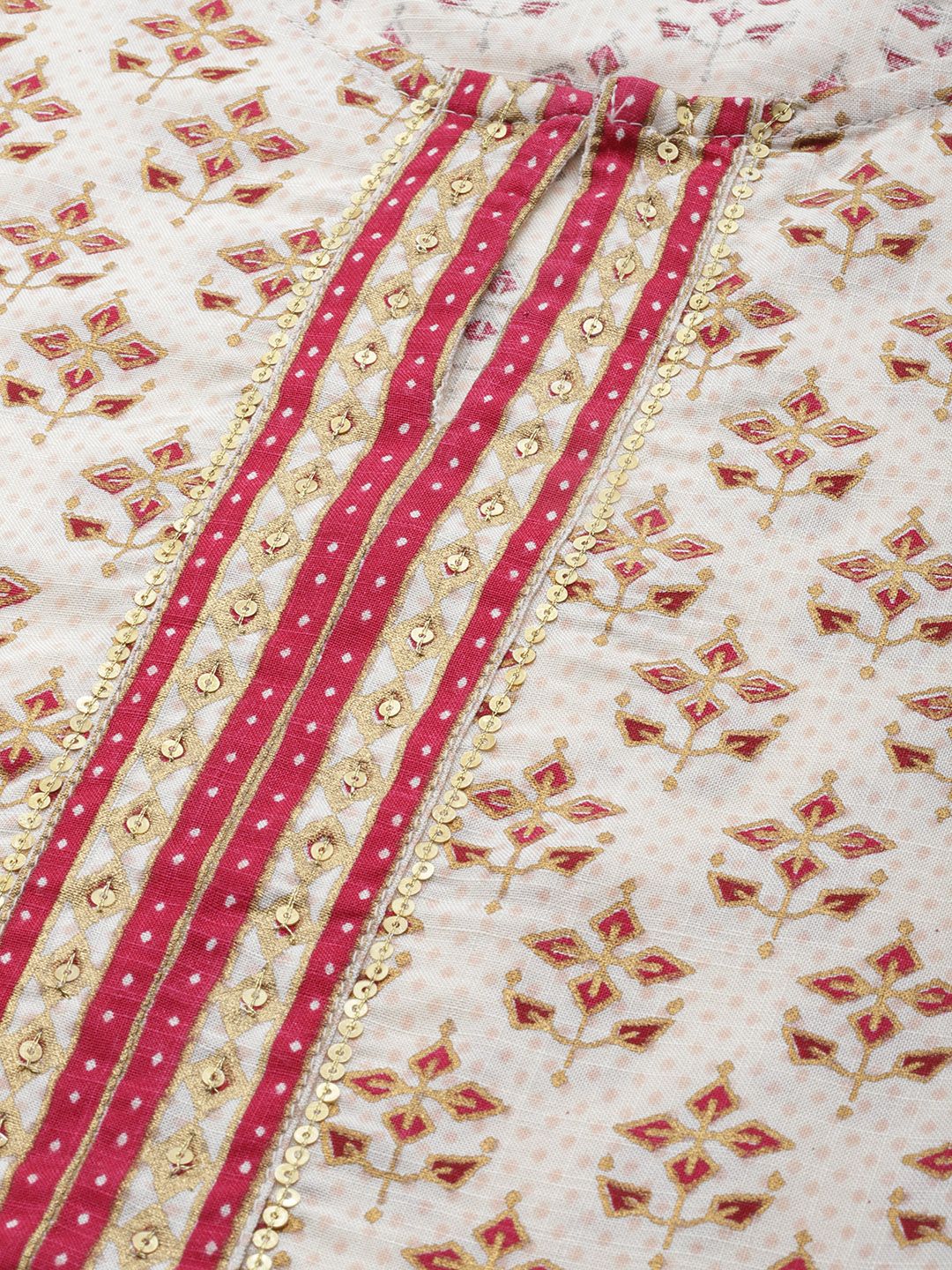 Global Desi Women Off White & Magenta Ethnic Print Ecovero Keyhole Neck Sequins Kurta