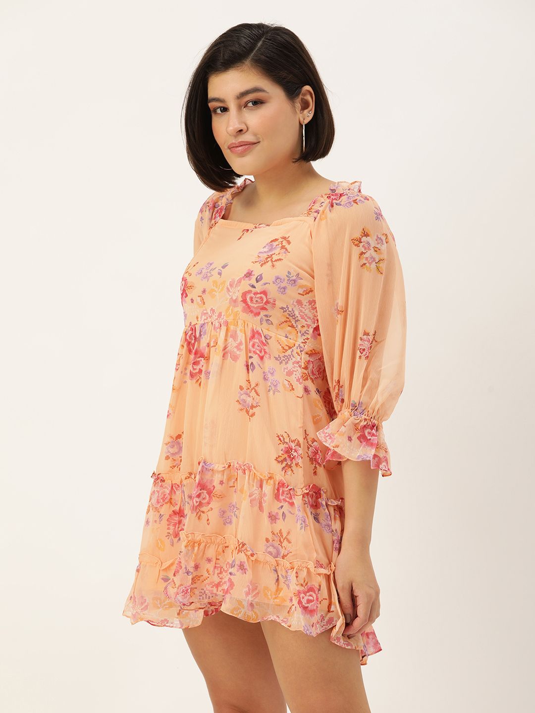AND Floral Print Puff Sleeve A-Line Mini Dress