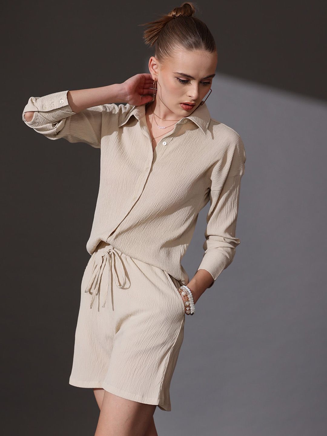STREET 9 Self Design Shirt & Shorts Co-ord Set