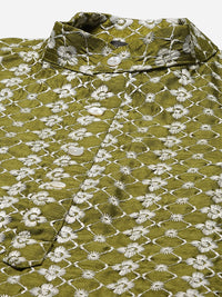 SOJANYA Men Green Floral Embroidered Thread Work Kurta Set & Jacket