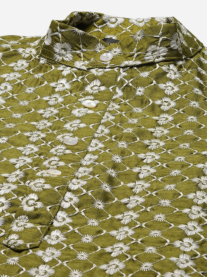 SOJANYA Men Green Floral Embroidered Thread Work Kurta Set & Jacket