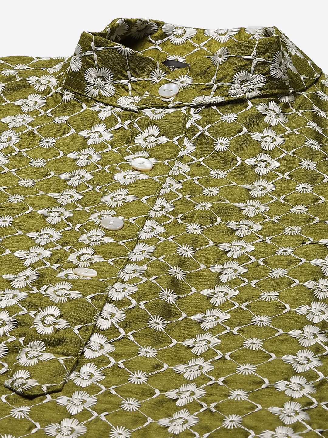 SOJANYA Men Green Floral Embroidered Thread Work Kurta Set & Jacket