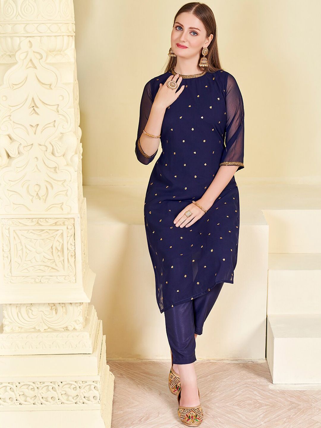 KALINI Floral Embroidered Sequined Georgette Straight Kurta With Trouser