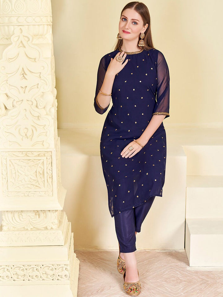 KALINI Floral Embroidered Sequined Georgette Straight Kurta With Trouser