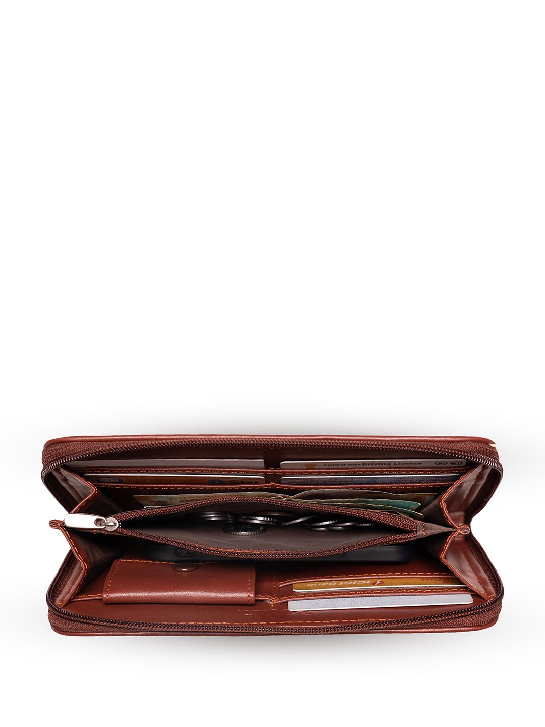ZOUK Women Navy Blue & Brown Printed Zip Around Wallet
