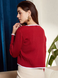 Berrylush Red & White Ribbed Acrylic Crop Front Open Sweater