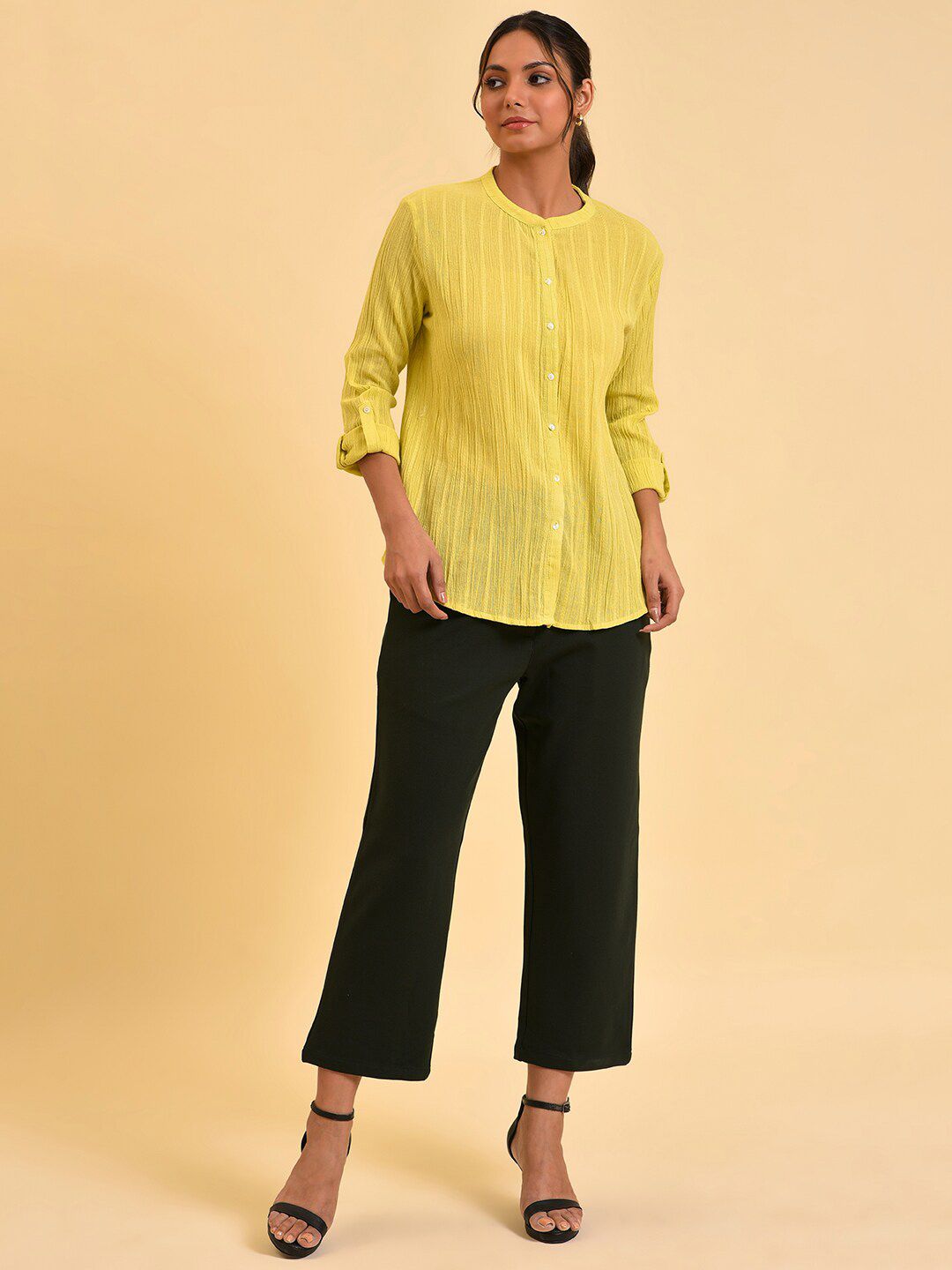 W Green Cotton Shirt Style Top