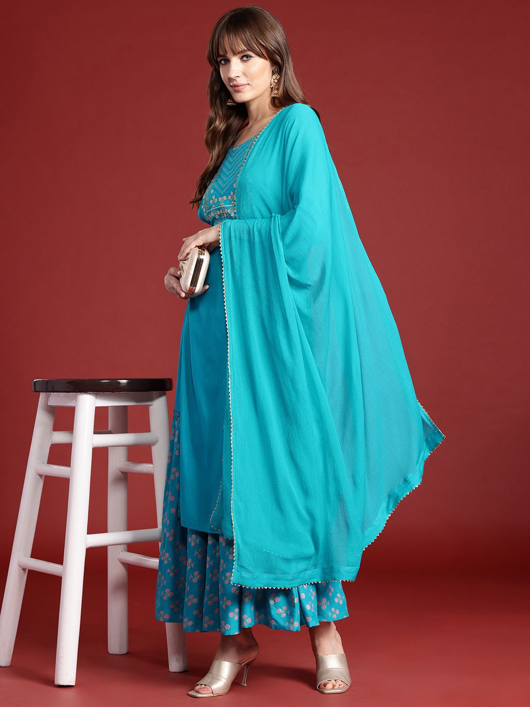 Anouk Ethnic Printed Yoke Embroidered Layered Kurta with Dupatta