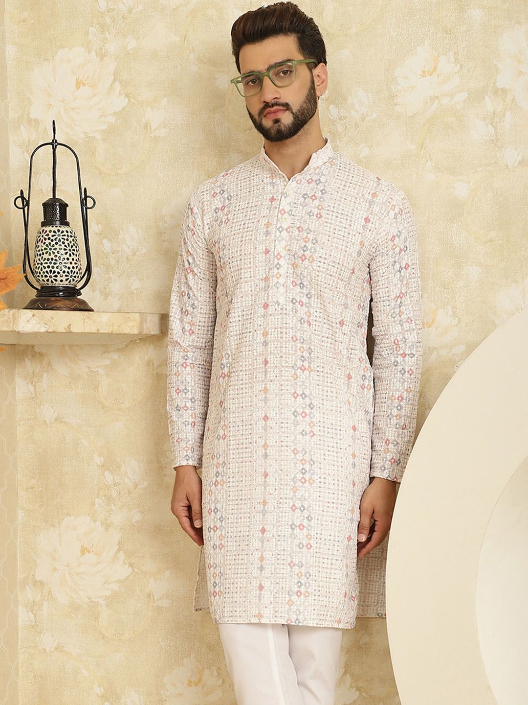 SOJANYA Kurta Katun Tulen Bersulam Geometrik Kolar Mandarin Lurus