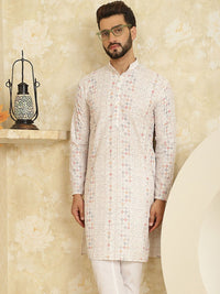 SOJANYA Geometric Embroidered Mandarin Collar Straight Pure Cotton Kurta
