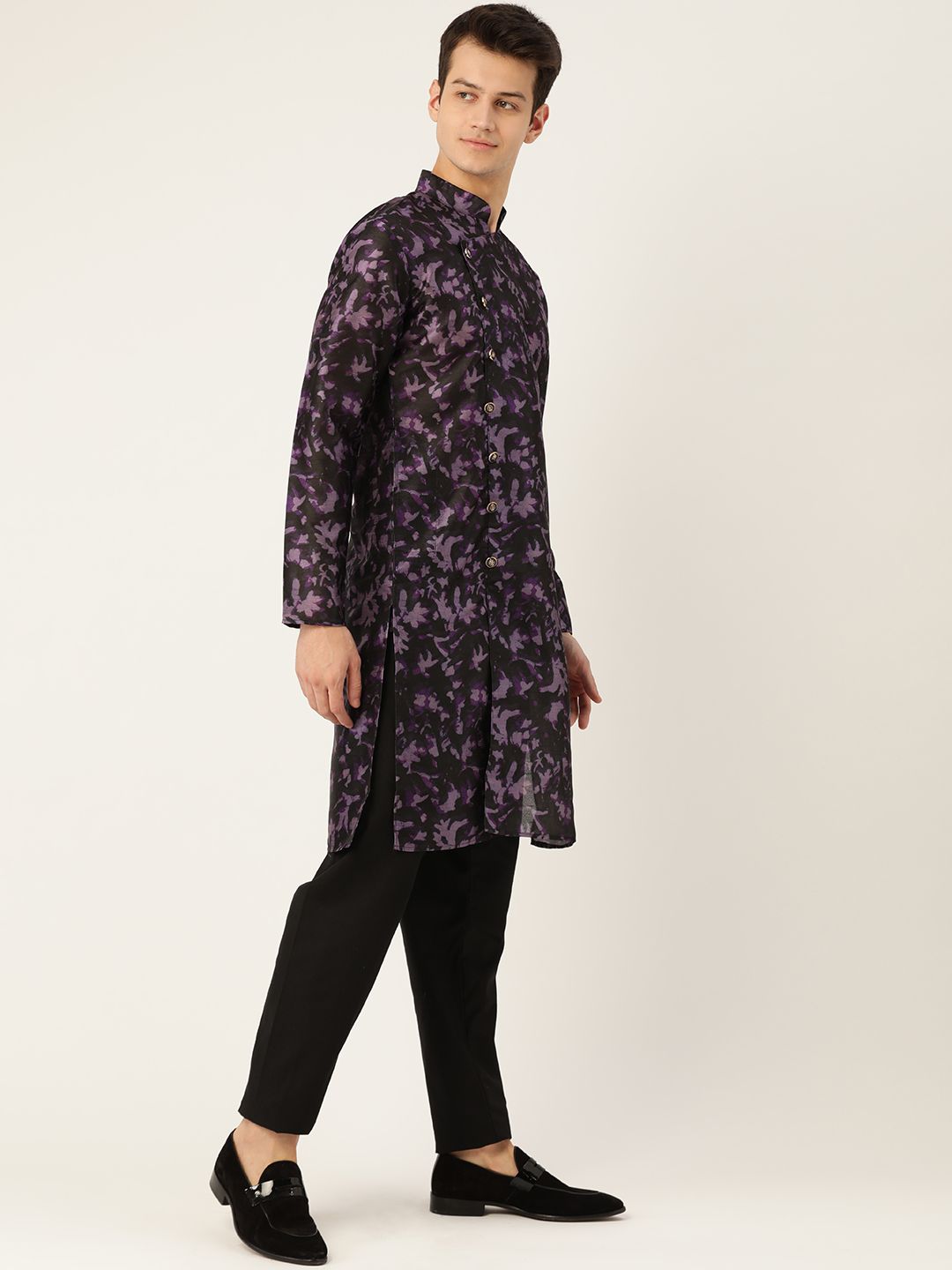SOJANYA Men Black & Purple Printed Angrakha Straight Kurta