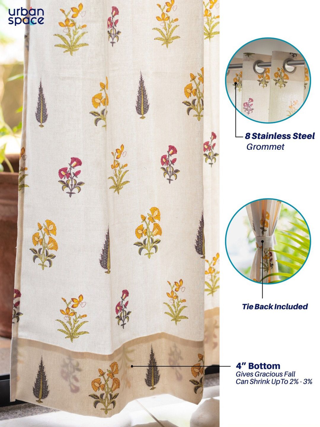 URBAN SPACE Yellow & Green 2-Pieces Floral Cotton Window Curtains