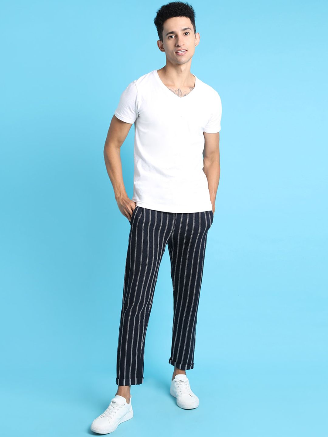 Campus Sutra Men Navy Blue Striped Printed Track Pants