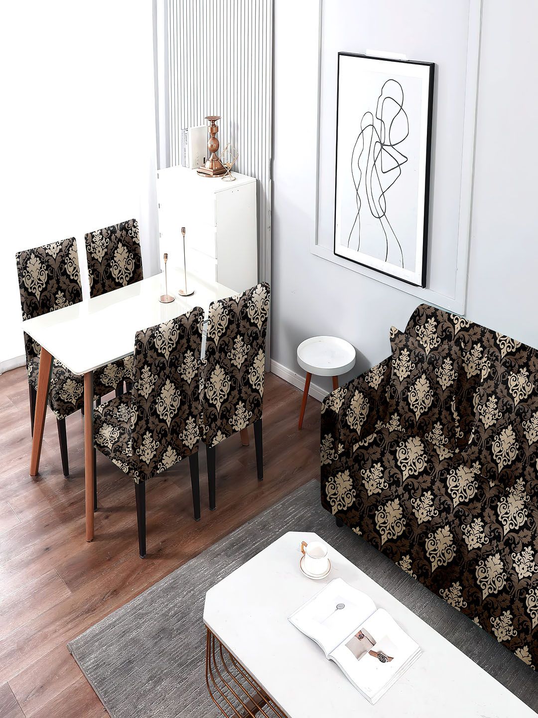 Cortina Black & Grey Ethnic Printed Three Seater Sofa Cover