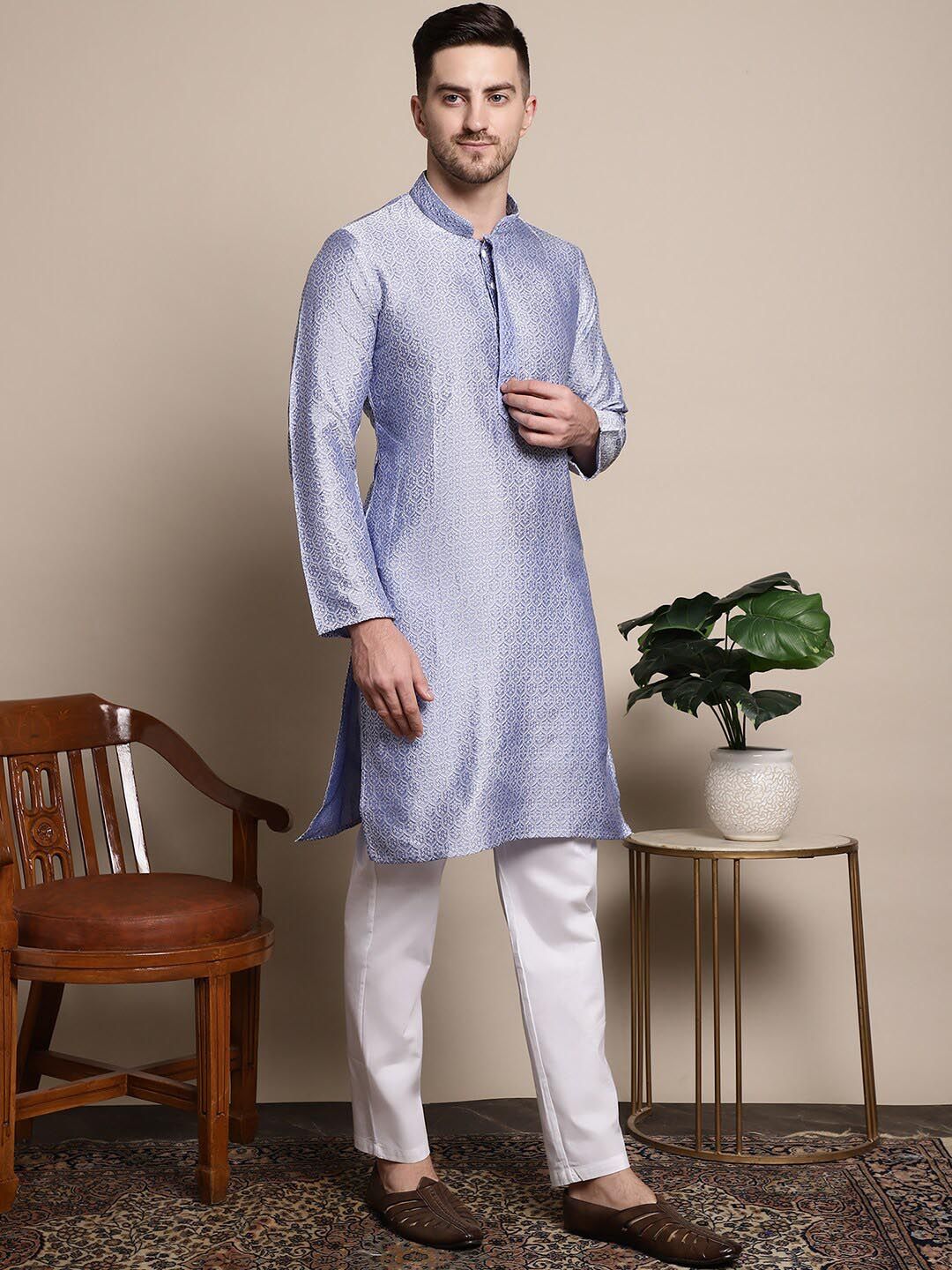 Anouk Blue & White Ethnic Motifs Woven Design Mandarin Collar Kurta with Pyjamas