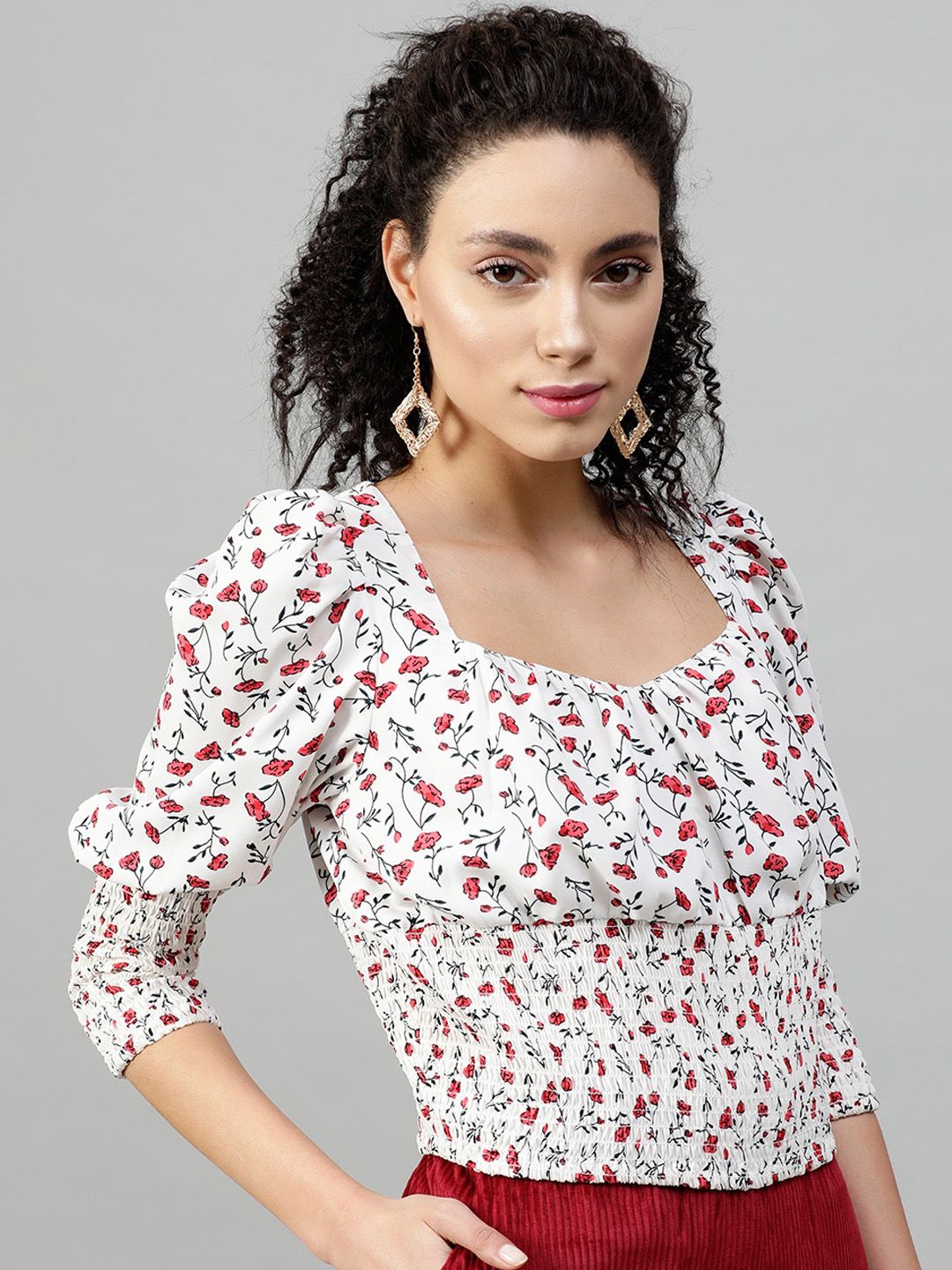 STREET 9 White Floral Printed Puff Sleeves Crepe Top
