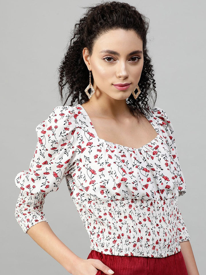 STREET 9 White Floral Printed Puff Sleeves Crepe Top