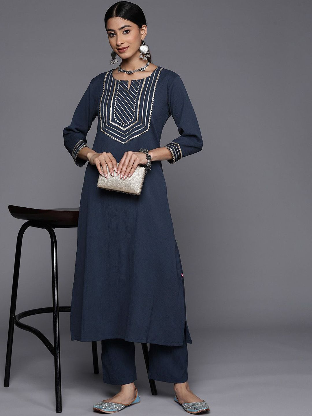 Varanga Navy Blue Notch Neck Gotta Patti A-Line Kurta