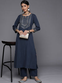 Varanga Navy Blue Notch Neck Gotta Patti A-Line Kurta