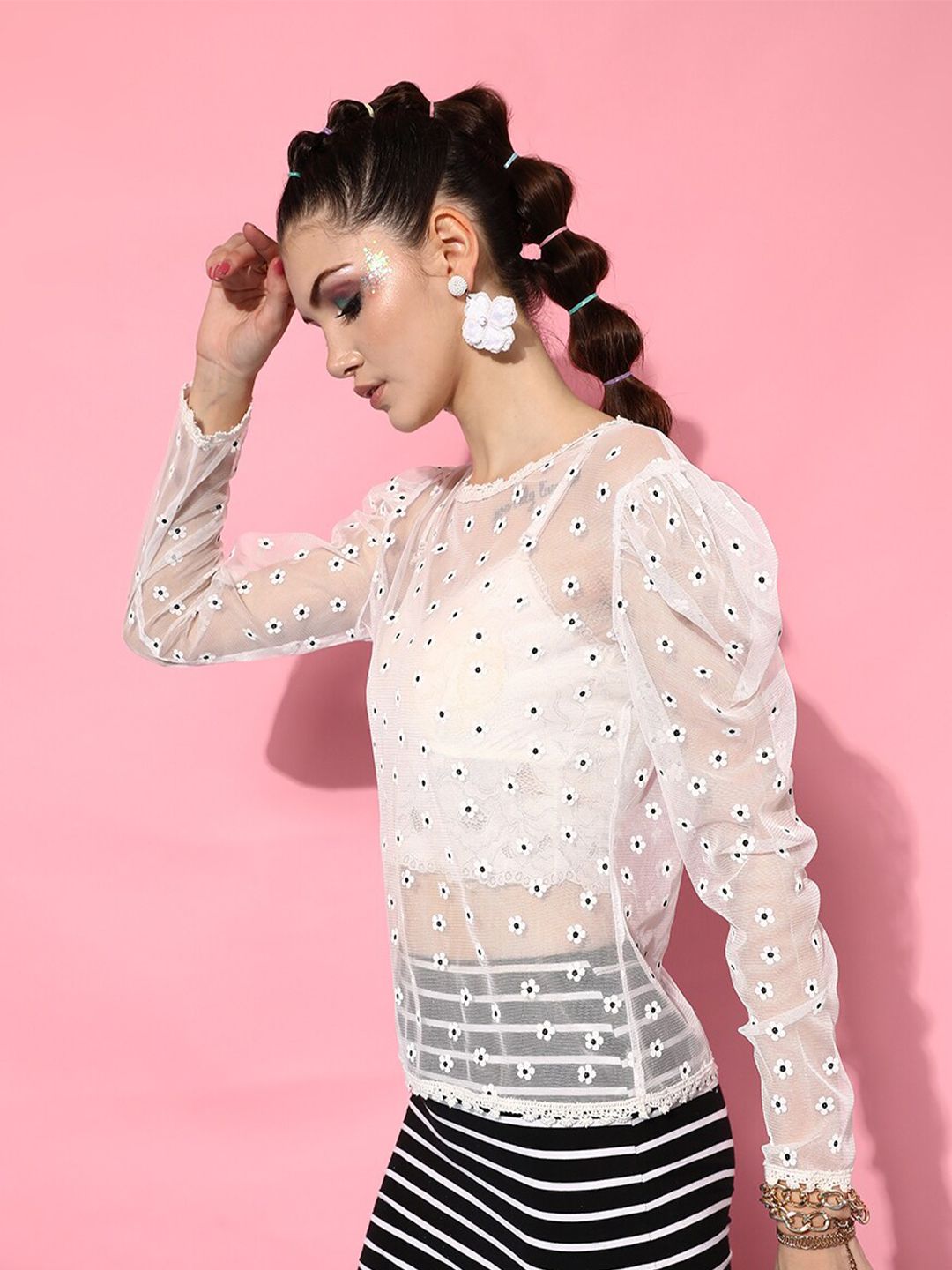 STREET 9 White Floral Print Net Styled Back Top