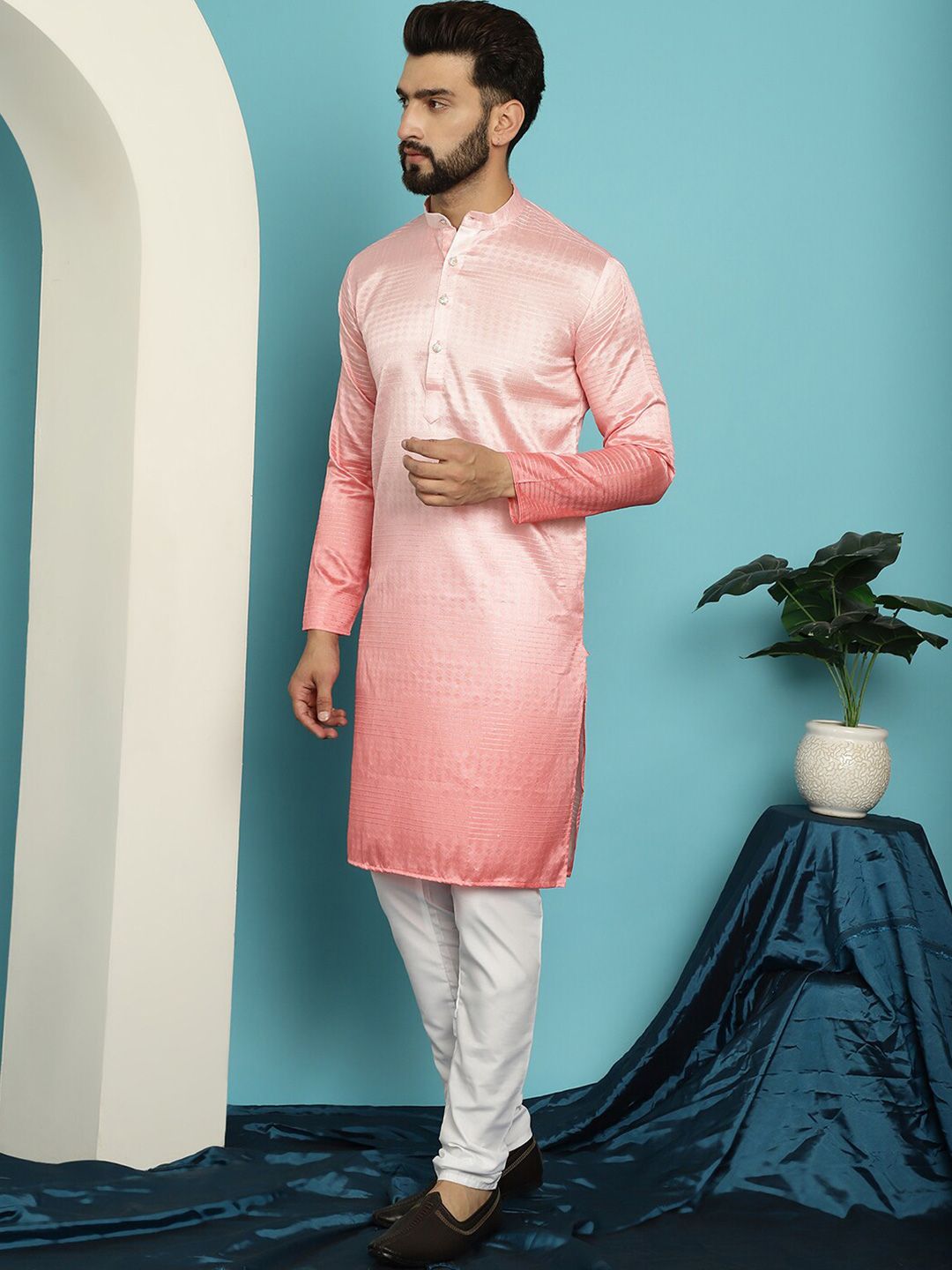SOJANYA Geometric Woven Design Band Collar Jacquard Silk Kurta With Churidar