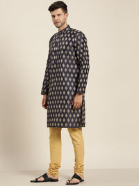 SOJANYA Lelaki Navy Blue & Golden Jacquard Woven Design Kurta