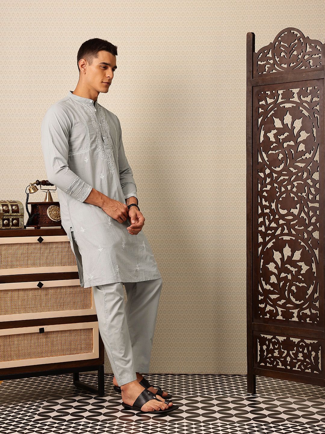 House of Pataudi Embroidered Band Collar Thread Work Pure Cotton Jashn Kurta with Trousers