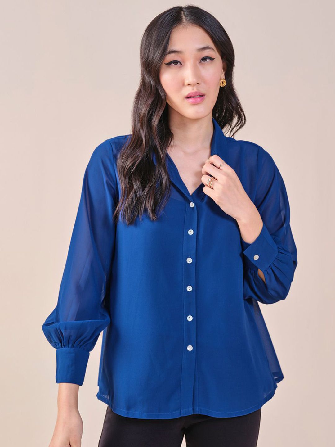 AND Women Solid Bell Sleeve Shirt Style Top