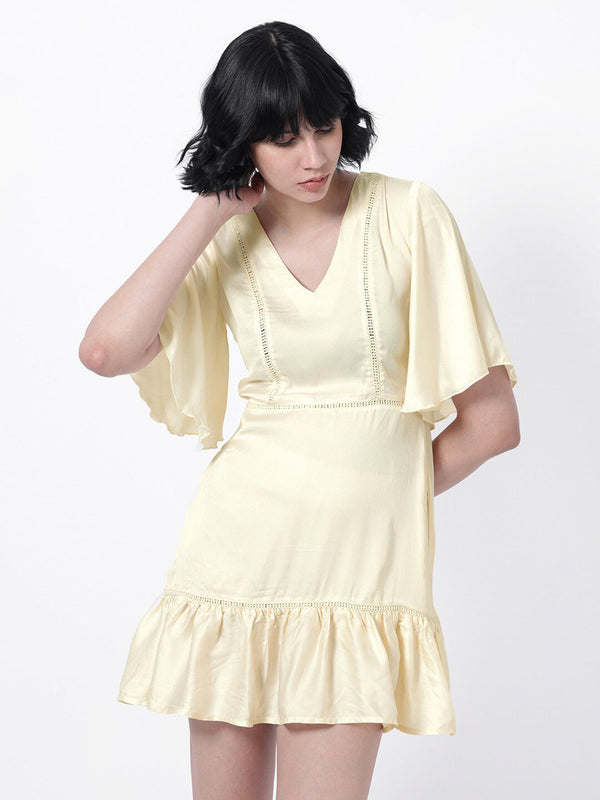 RAREISM V-Neck Flared Sleeves Cotton A-Line Mini Dress