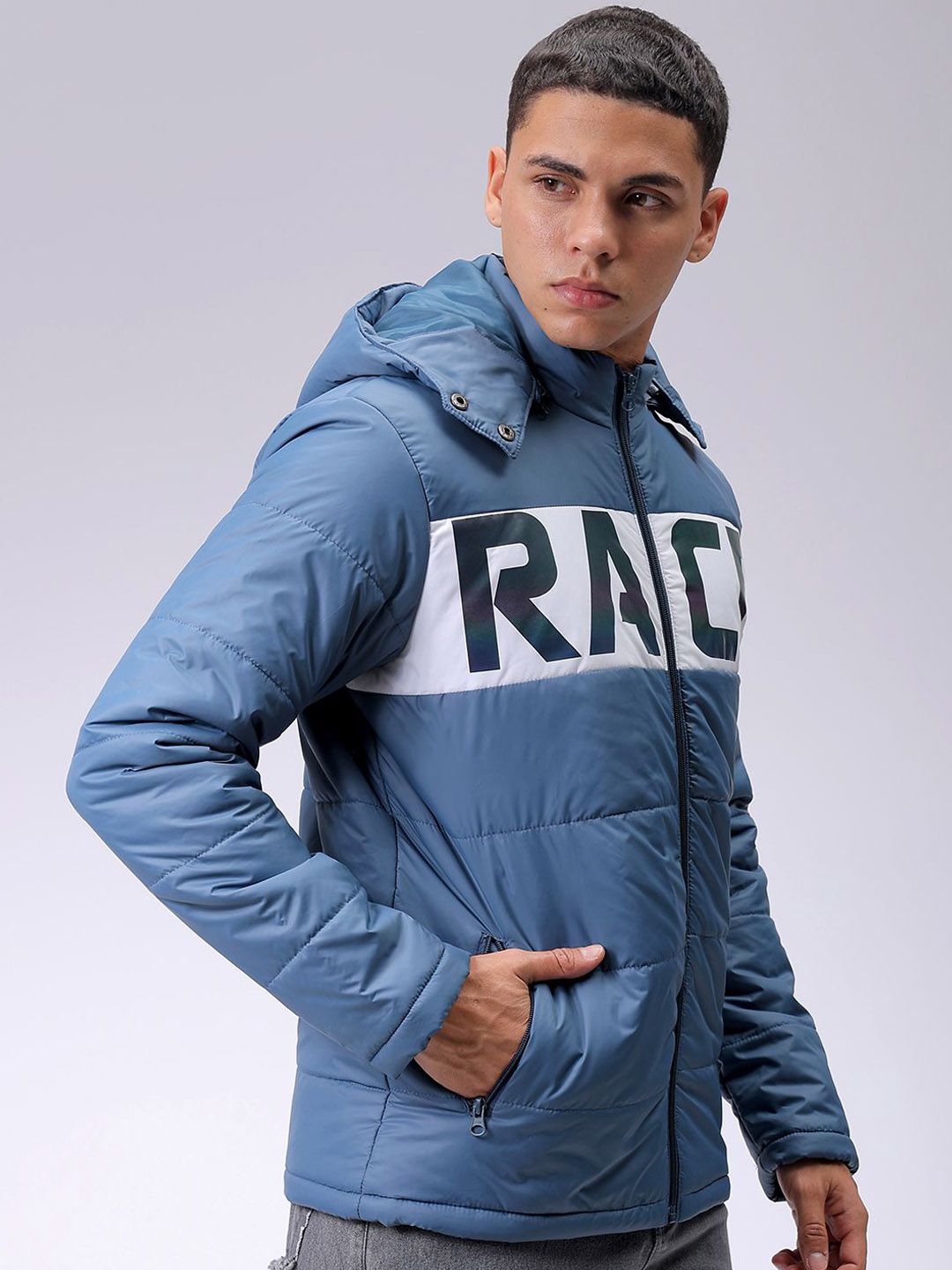The Indian Garage Co Men Blue Reflective Print Detachable Hood Padded Jacket