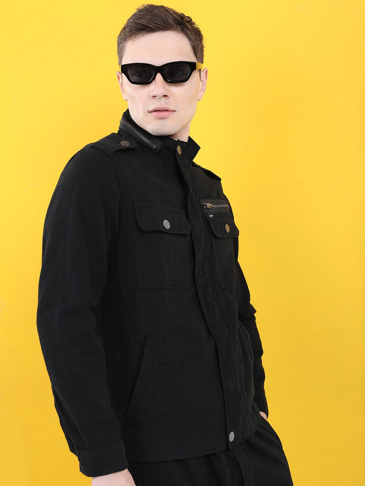 HIGHLANDER Men Black Geometric Colourblocked Tailored Jacket