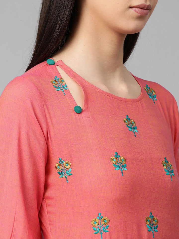Libas Women Coral Pink & Blue Floral Embroidered Straight Kurta