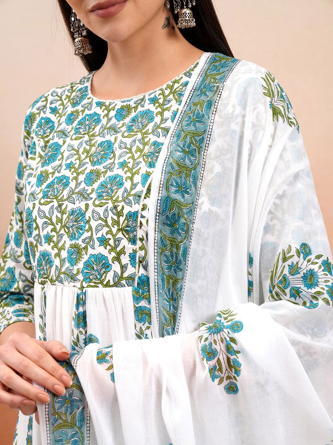 Vishudh White & Blue Floral Printed Regular Pure Cotton Kurta with Trousers & Dupatta