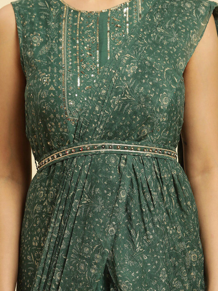 W Ethnic Motifs Printed Sequined Chiffon Tiered Maxi Ethnic Dress With Attached Dupatta