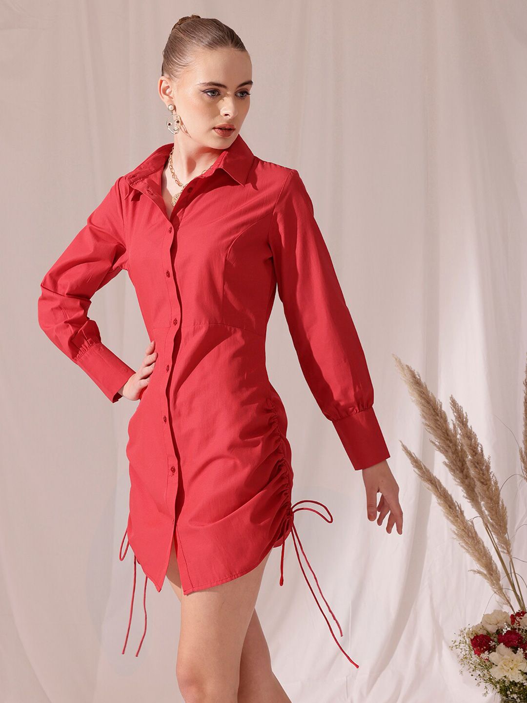 STREET 9 Spread Collar Gathered Pure Cotton Shirt Mini Dress