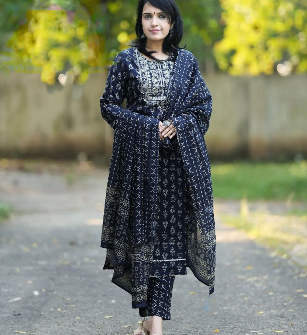 KALINI Women Ethnic Motifs Printed Regular Thread Work Kurta with Trousers & With Dupatta