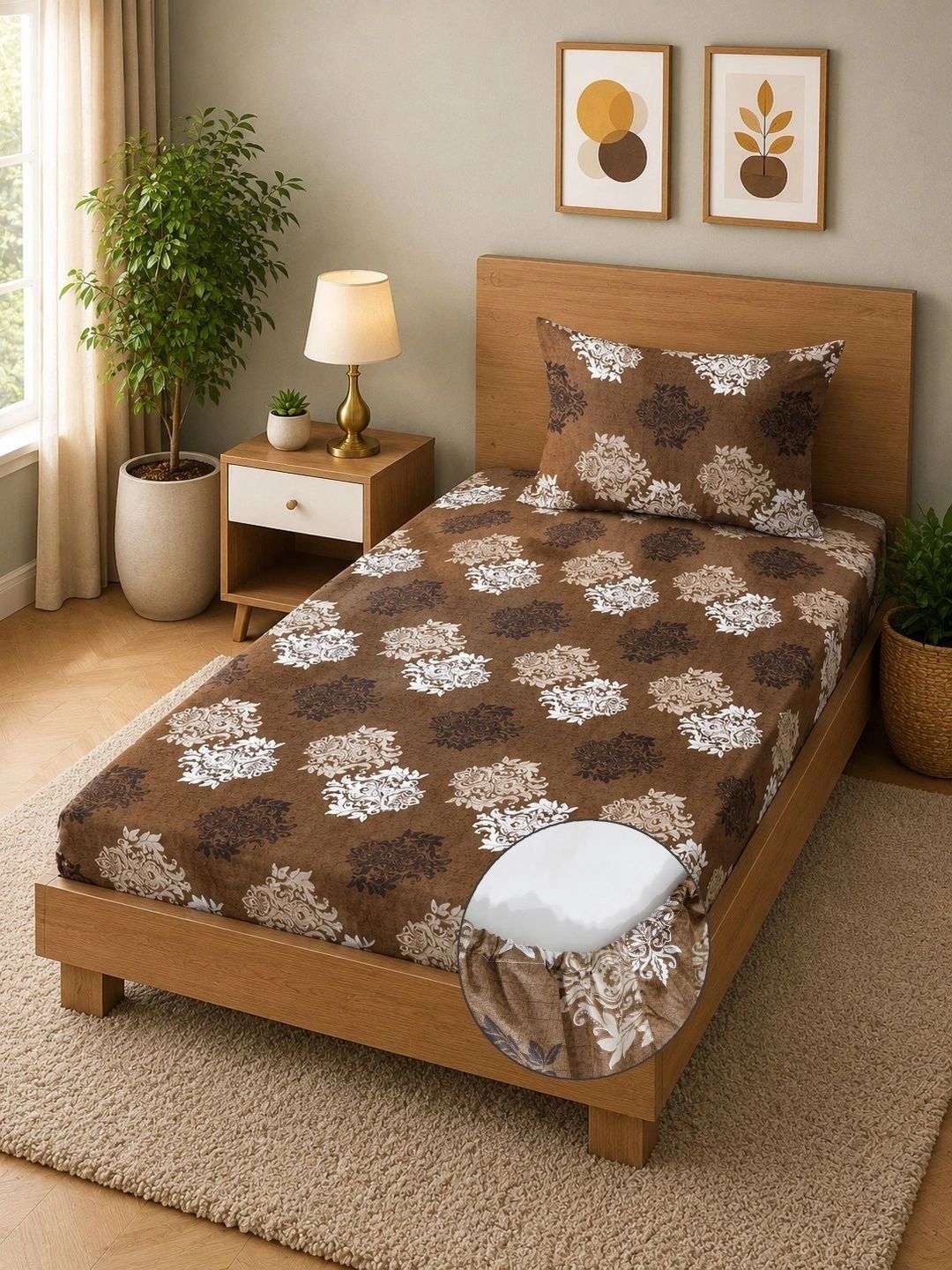 Moda Rapido X KLOTTHE Brown & White Floral 400 TC Single Bedsheet with 1 Pillow Covers