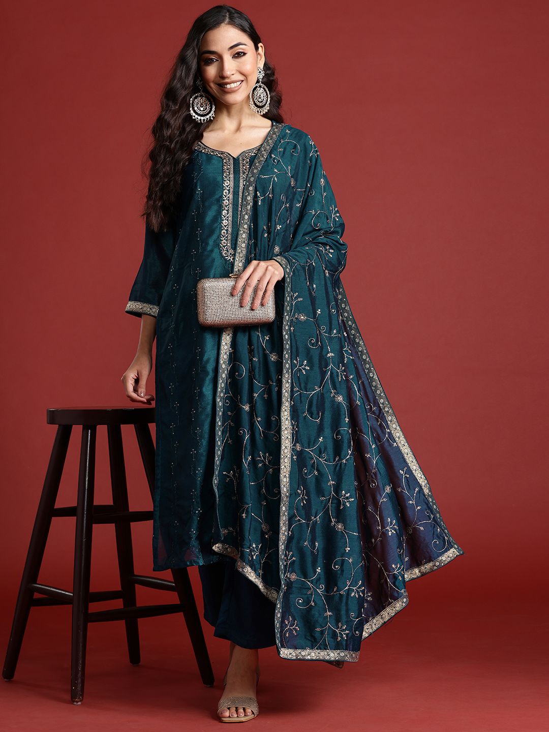 Indo Era Floral Embroidered Sequinned Kurta With Trousers & Dupatta