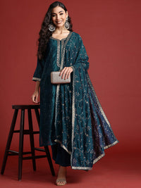 Indo Era Floral Embroidered Sequinned Kurta With Trousers & Dupatta