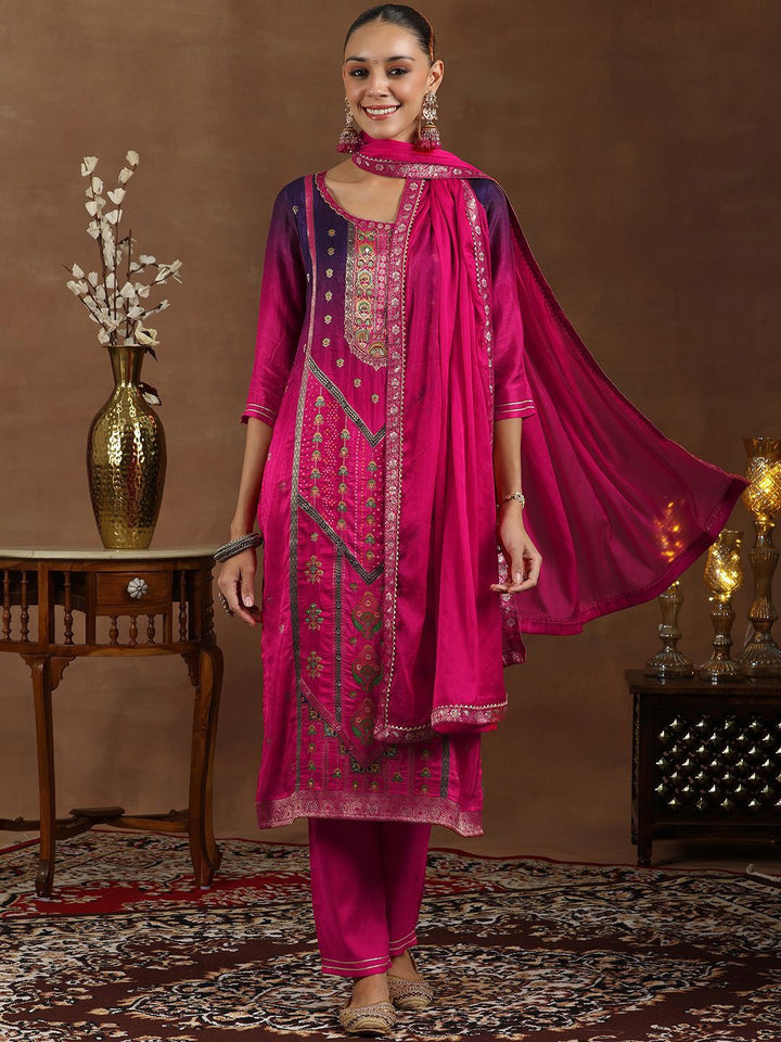 Libas Floral Woven Design Round Neck Kurta with Trousers & Dupatta