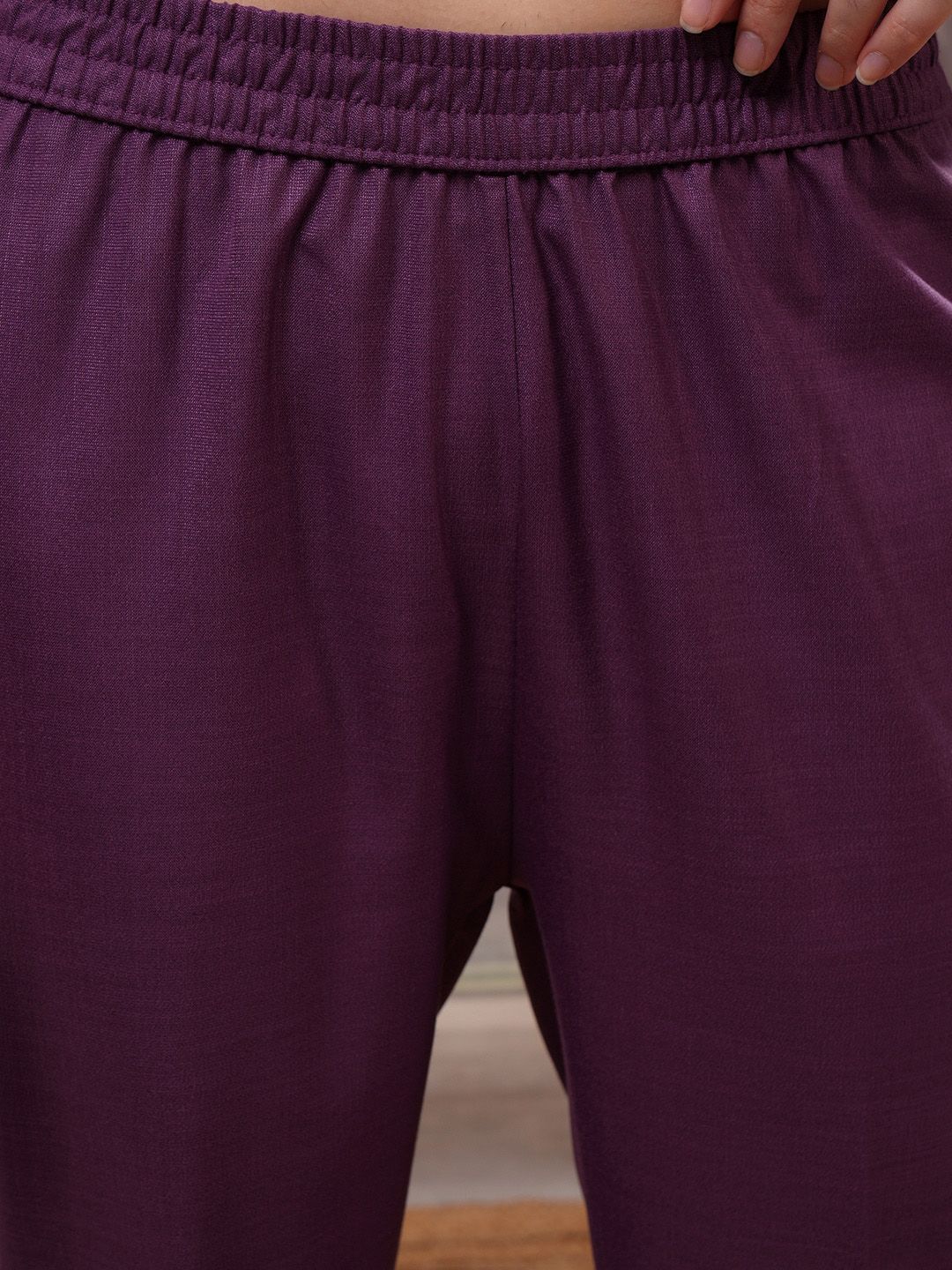 Vishudh Purple Embroidered Round Neck Straight Kurta with Trouser & Dupatta