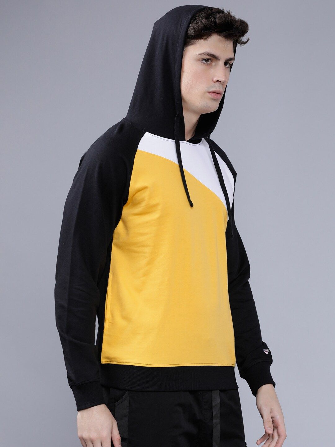 The Indian Garage Co Men Black & Yellow Colourblocked Hooded Sweatshirt