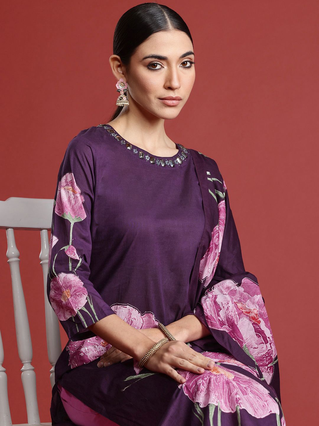 Indo Era Women Floral Printed Pure Cotton Kurta with Trousers & With Dupatta